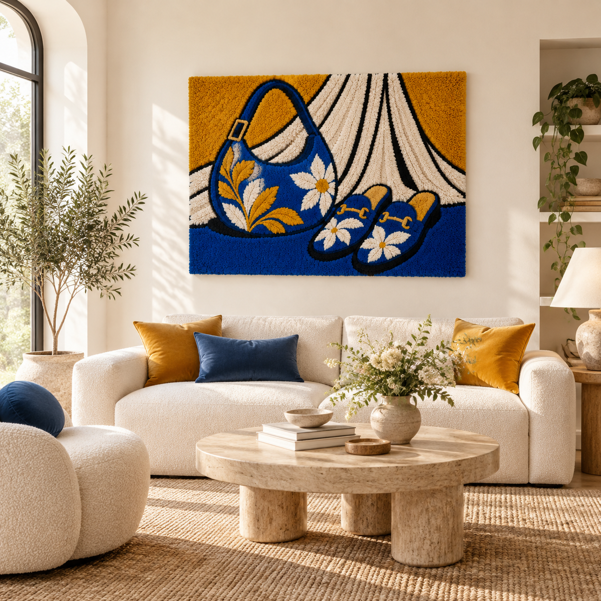 Cobalt Daisies Golden Afternoon — front-facing room scene [room-front]