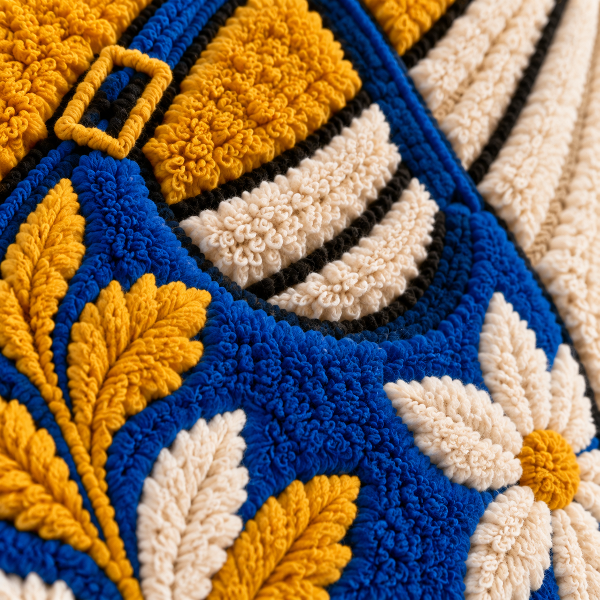 Cobalt Daisies Golden Afternoon — tufted wool texture detail