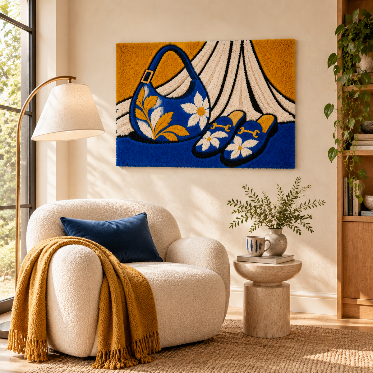Cobalt Daisies Golden Afternoon — room setting