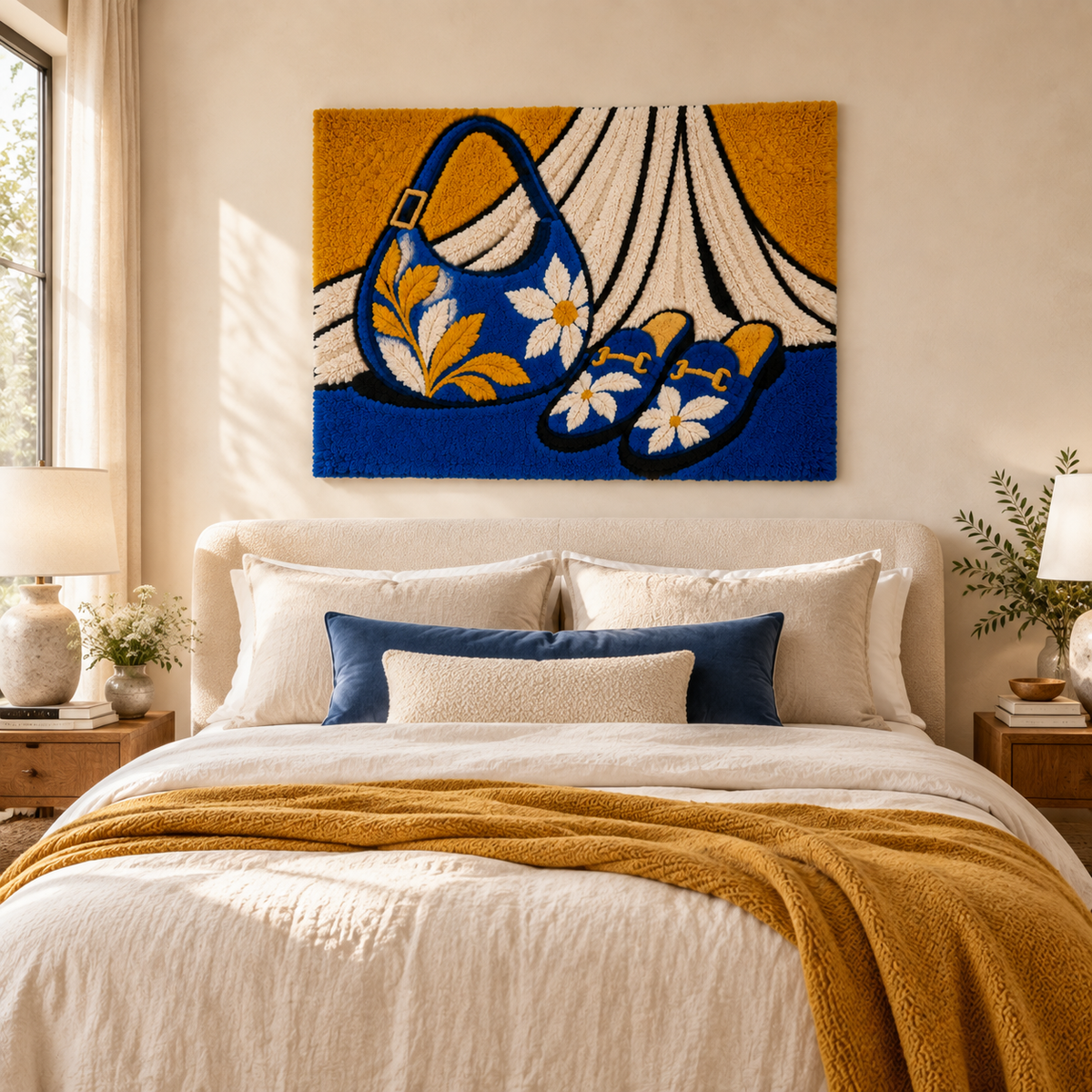Cobalt Daisies Golden Afternoon — room setting