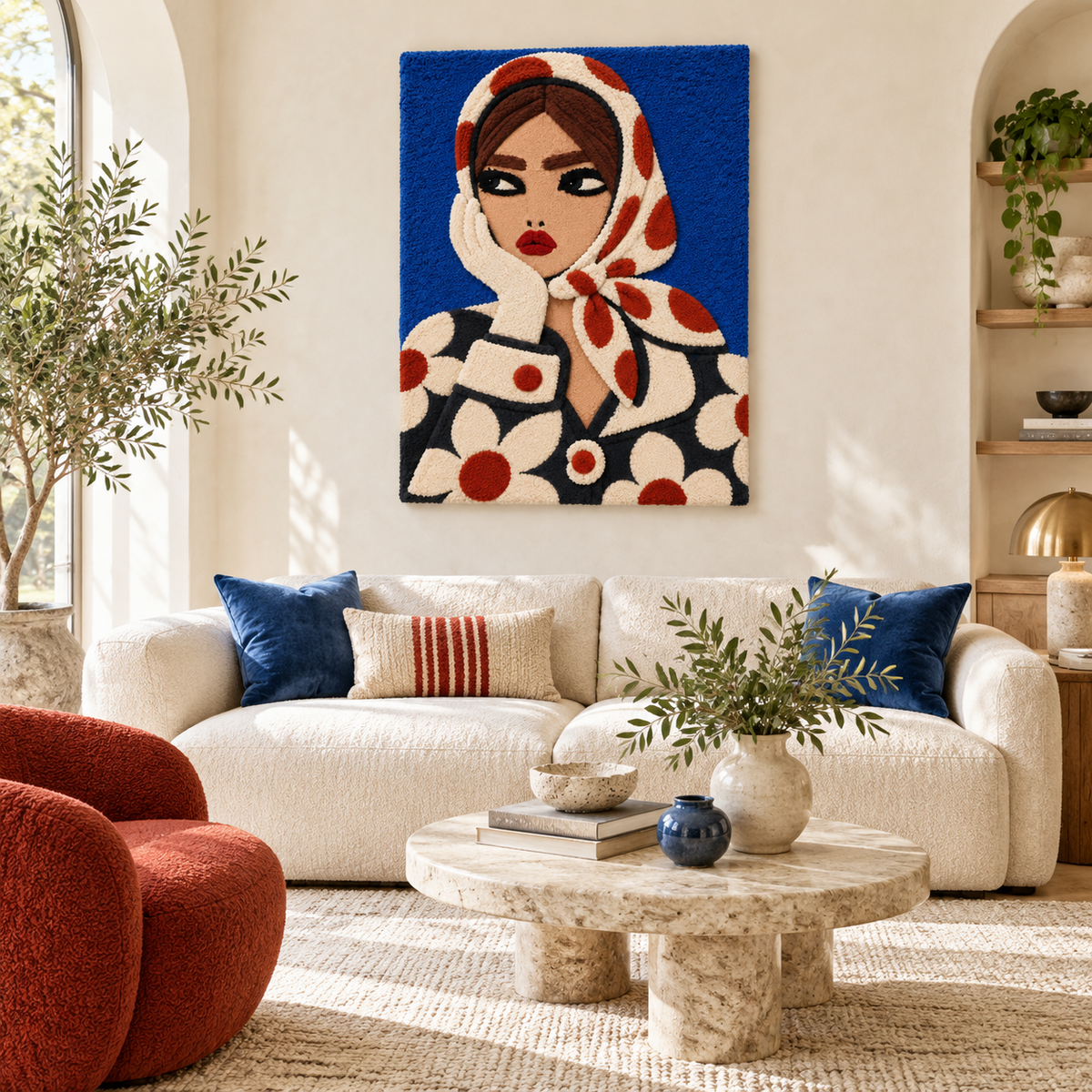 Cobalt Daydream Polka Dots wall art by Hewn Earth, featuring a vibrant cobalt blue design with white polka dots in a room setting.
