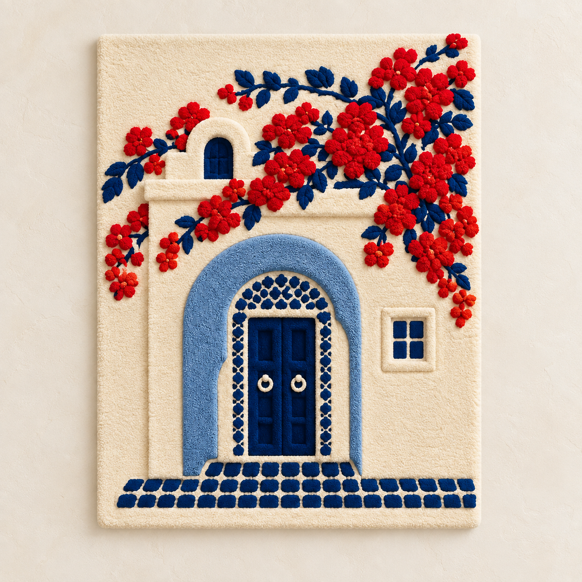 Cobalt door wall art with scarlet blossoms by Hewn Earth, featuring vibrant floral design and textured background.