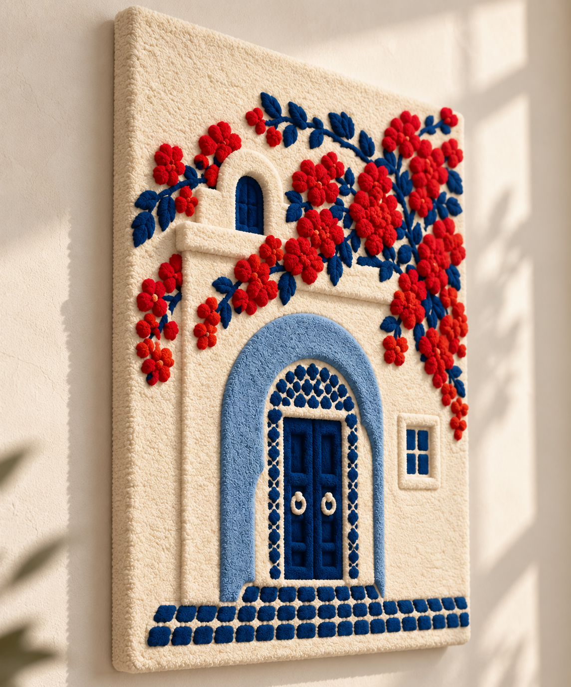 Cobalt door wall art featuring vibrant scarlet blossoms by Hewn Earth, displayed at an angle.
