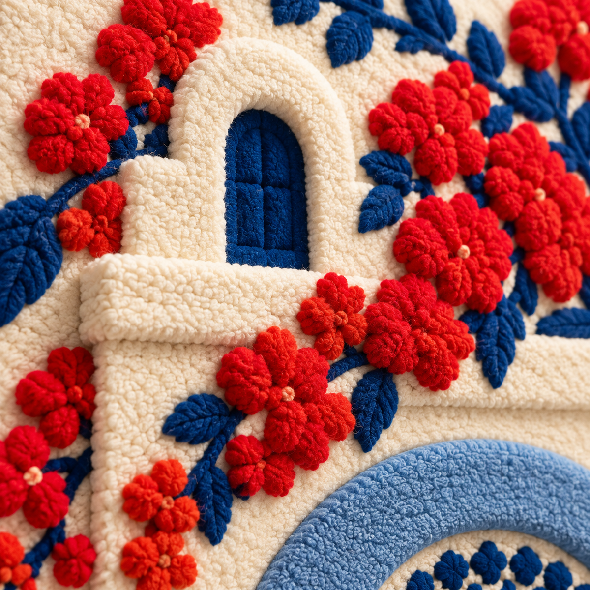 Close-up of Hewn Earth wall art featuring a cobalt door surrounded by vivid scarlet blossoms with detailed 3D textures.