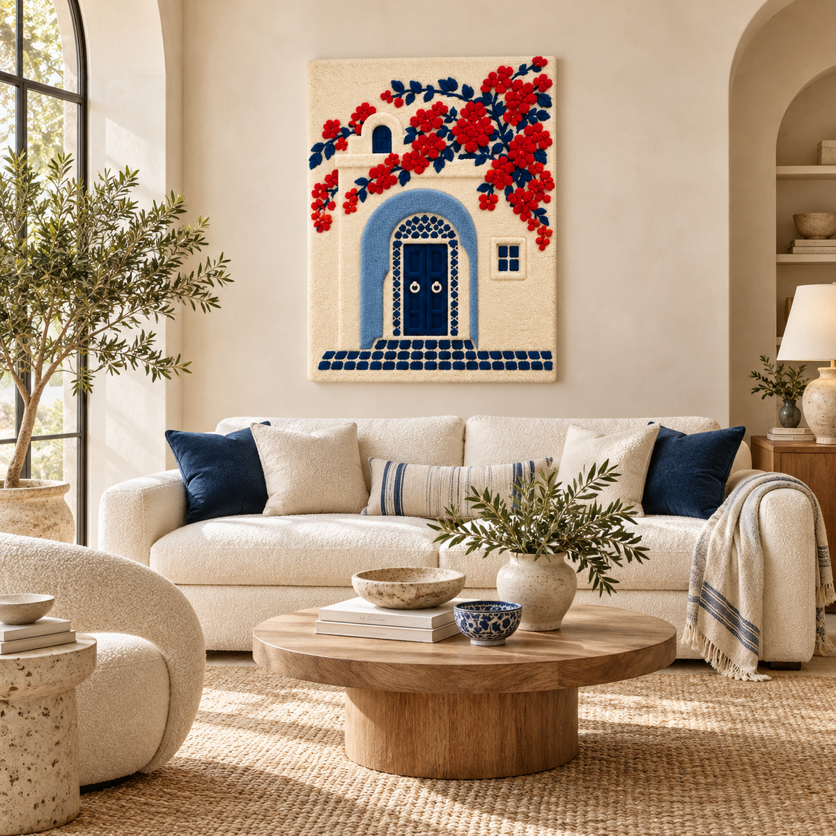 Hewn Earth wall art featuring a cobalt door with scarlet blossoms, decorative floral scene for interior decor.