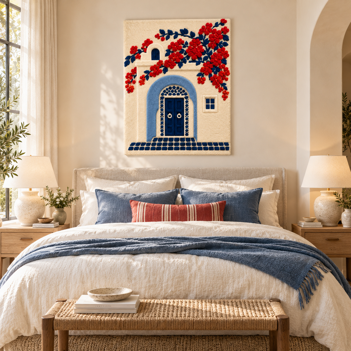 Hewn Earth wall art featuring a cobalt door with vibrant scarlet blossoms, displayed in a room setting.