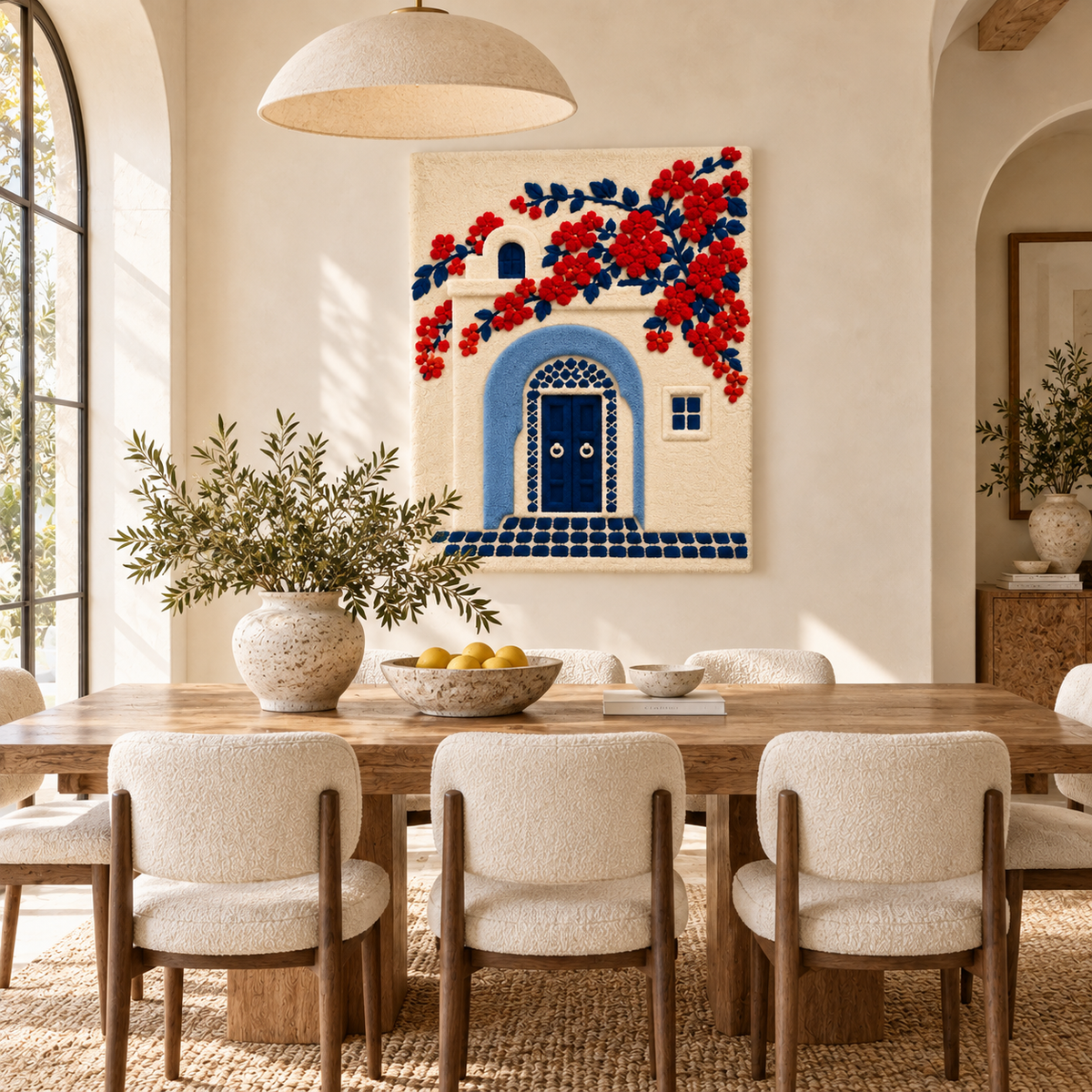 Wall art featuring a cobalt door with scarlet blossoms, showcasing vibrant floral details and a decorative outdoor scene.