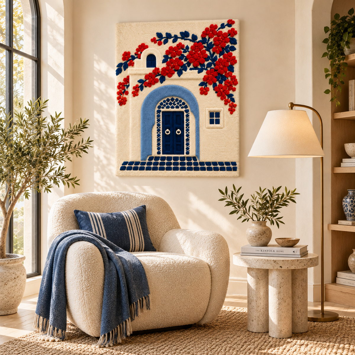 Hewn Earth wall art featuring a cobalt door with vibrant scarlet blossoms in a room setting.