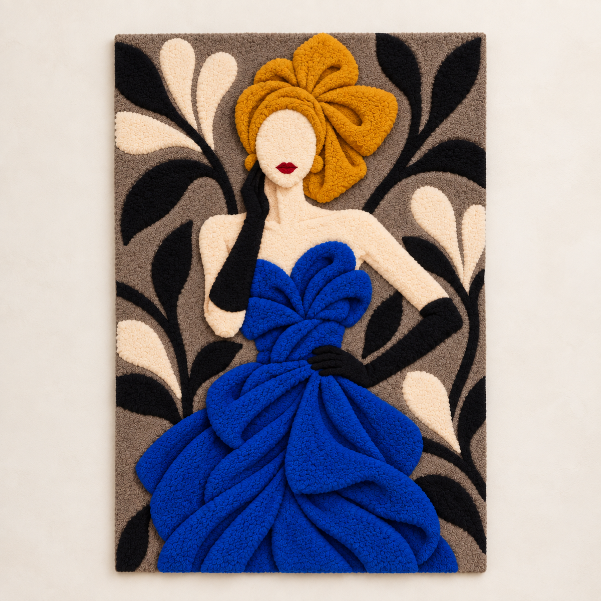 Hewn Earth wall art featuring a cobalt gown with a golden bow, artistic wall decor with vibrant blue and gold accents.