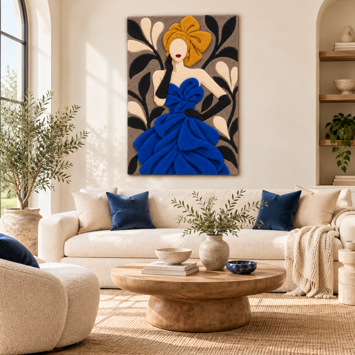 Hewn Earth wall art featuring a cobalt gown with a golden bow, displayed on a room wall as decorative home decor.
