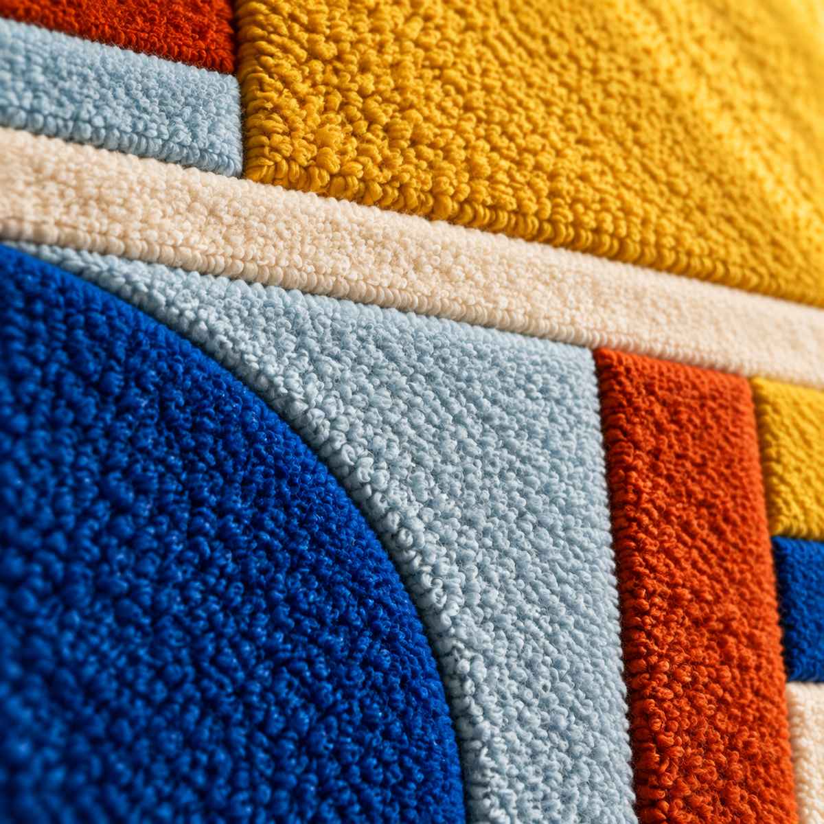 Cobalt Half Moon beneath a Golden Bar — tufted wool texture detail