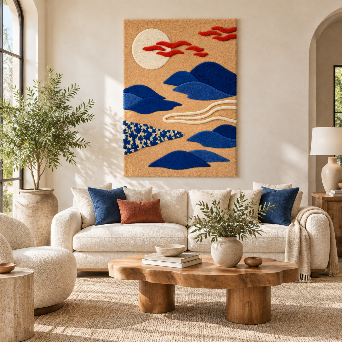 Hewn Earth Cobalt Hills at Sunrise wall art featuring a vibrant mountain landscape scene for home decor.