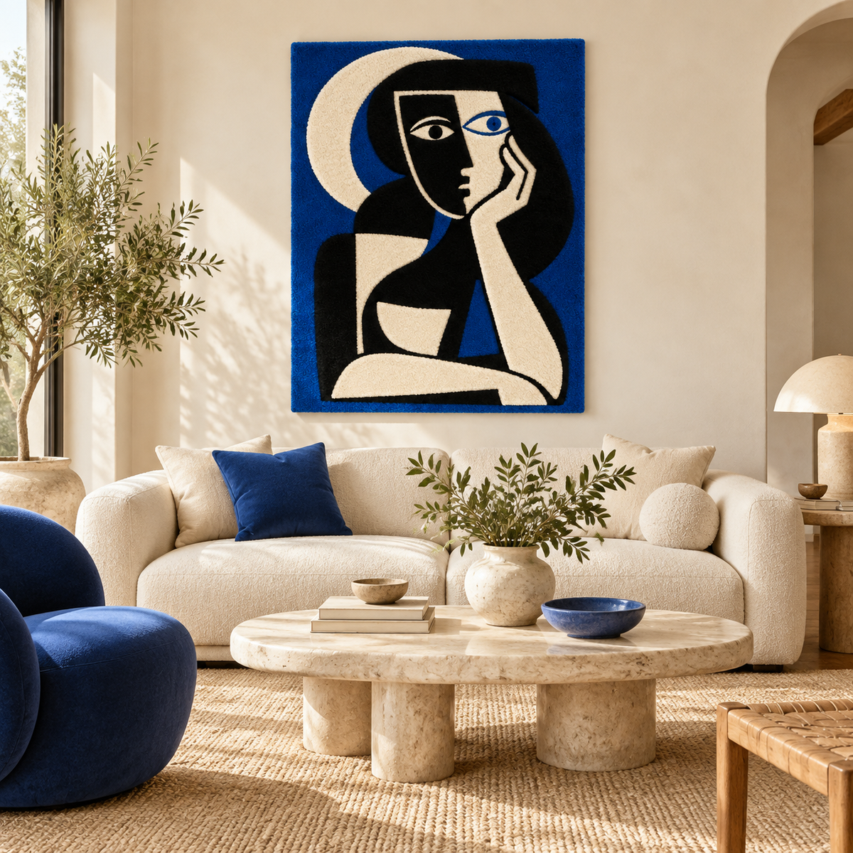Hewn Earth Cobalt Moon Reflection wall art featuring a serene moonlit scene with reflective blue hues, ideal for modern home decor.
