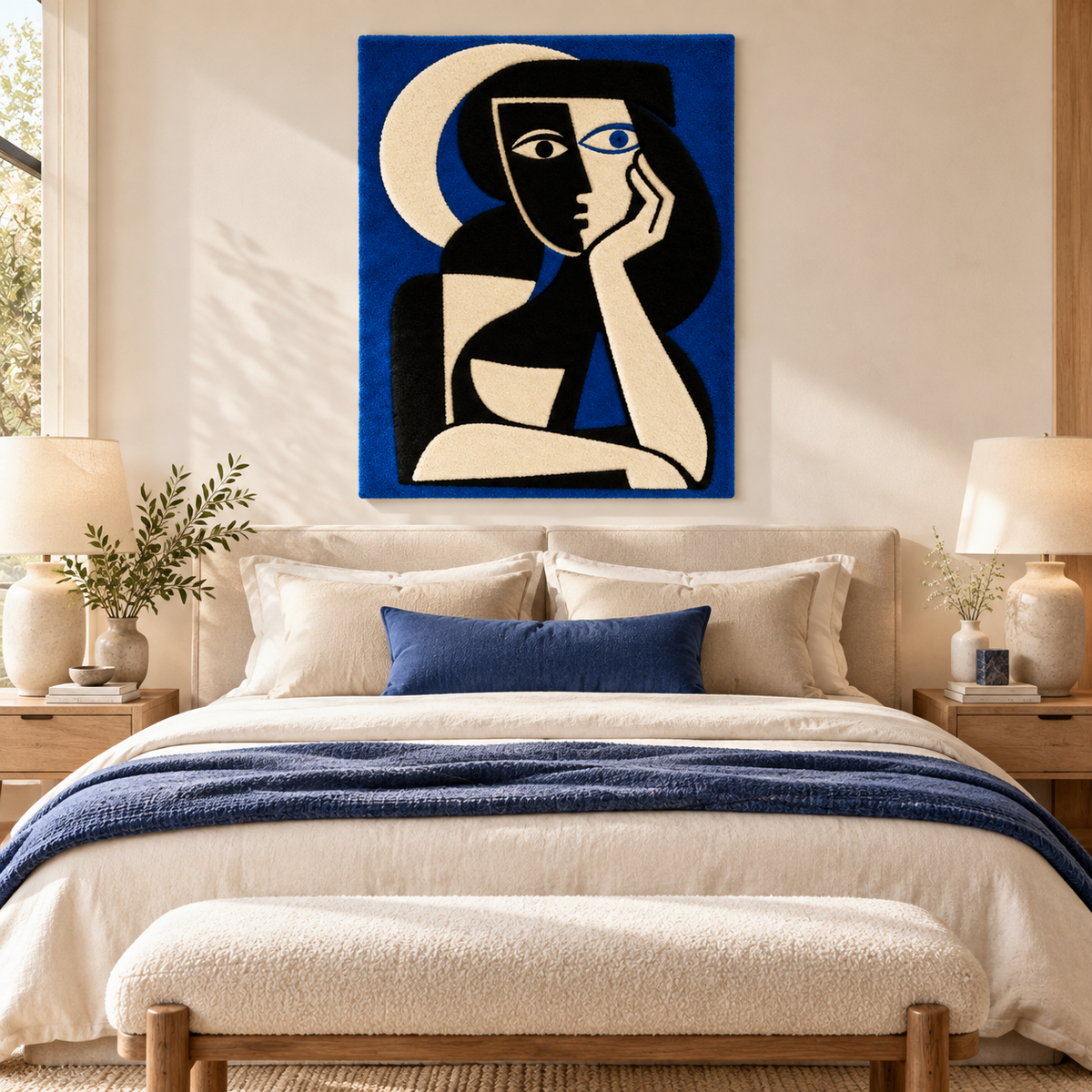 Hewn Earth Cobalt Moon Reflection wall art featuring a vibrant blue moon and reflective surface artwork.