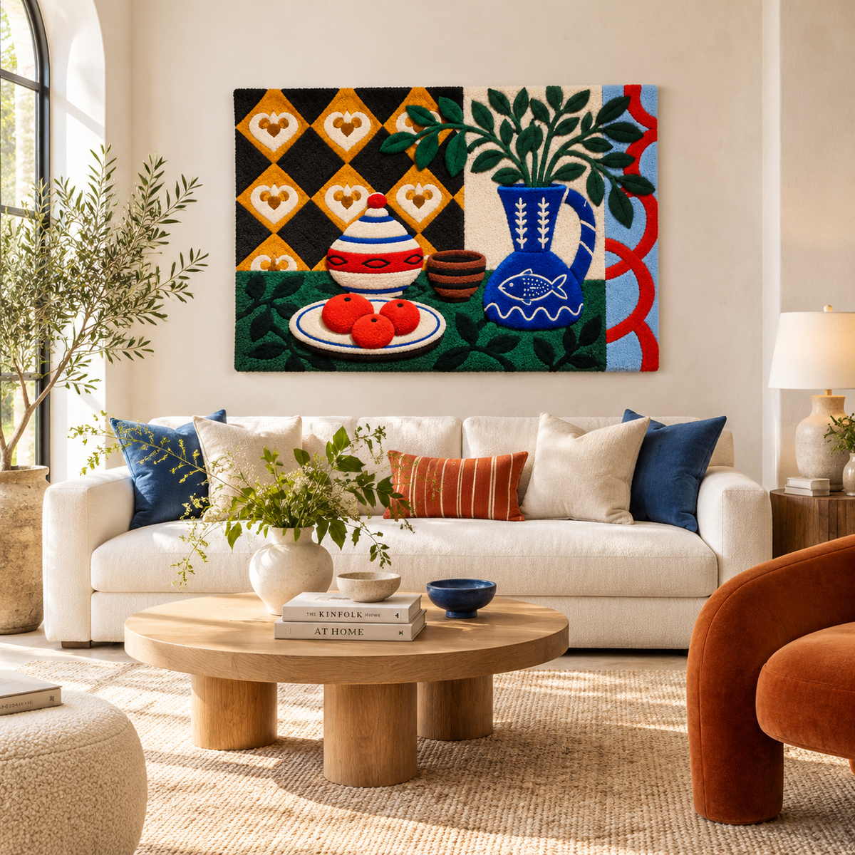 Cobalt Pitcher and Painted Ceramics — front-facing room scene [room-front]