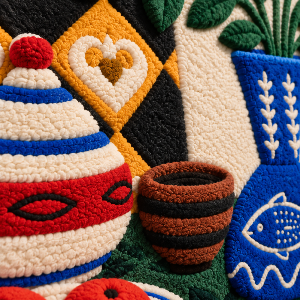 Cobalt Pitcher and Painted Ceramics — tufted wool texture detail