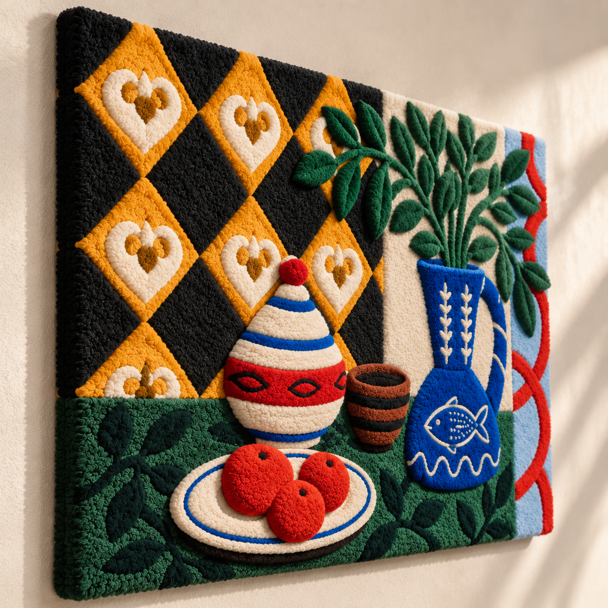 Cobalt Pitcher and Painted Ceramics — angled relief view