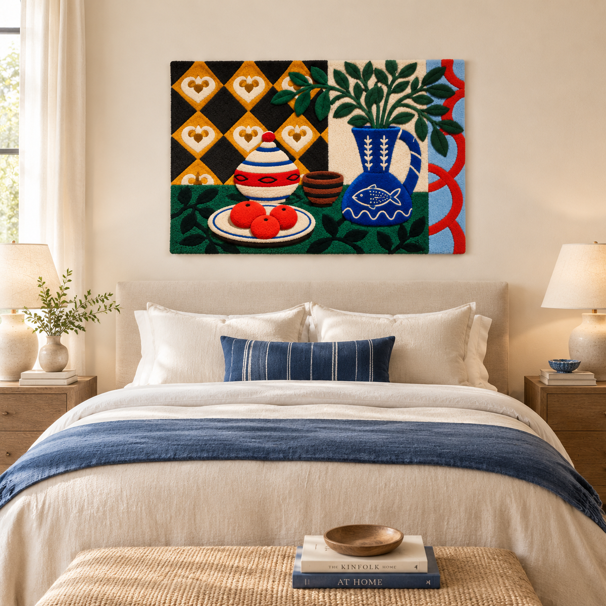Cobalt Pitcher and Painted Ceramics — room setting 1