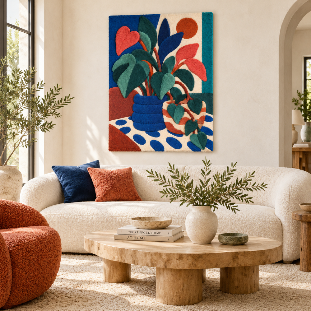 Cobalt Planter and Coral Leaves — front-facing room scene [room-front]