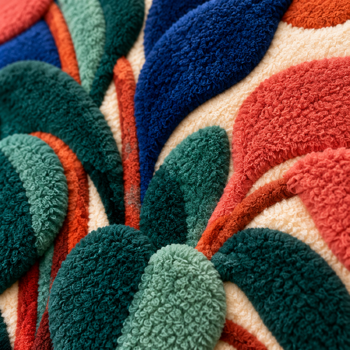 Cobalt Planter and Coral Leaves — tufted wool texture detail