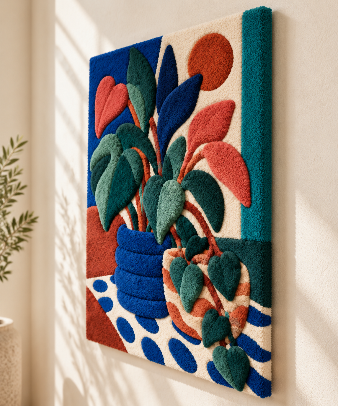 Cobalt Planter and Coral Leaves — angled relief view