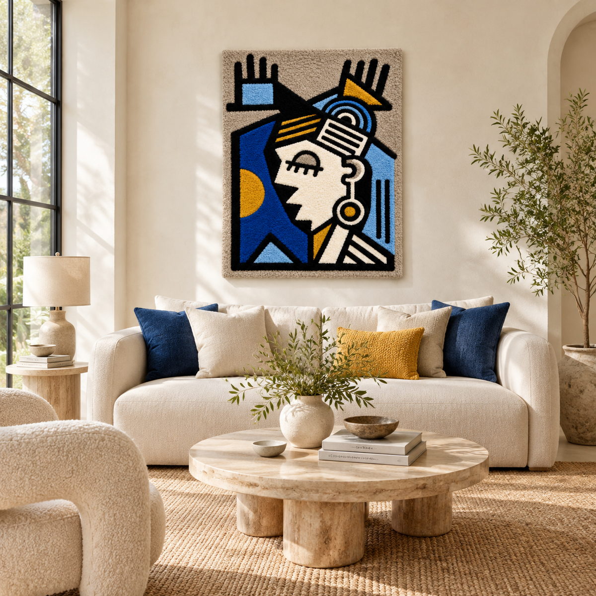 Cobalt Rhythm with Raised Hands Hewn Earth wall art featuring abstract design and vibrant blue tones, hung on a modern room wall.
