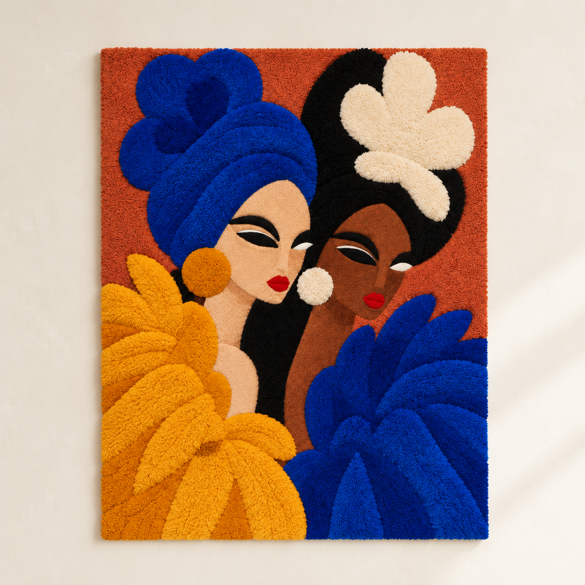 Cobalt Sisters Golden Plumes wall art by Hewn Earth featuring vibrant blue and gold feather design on a light background.