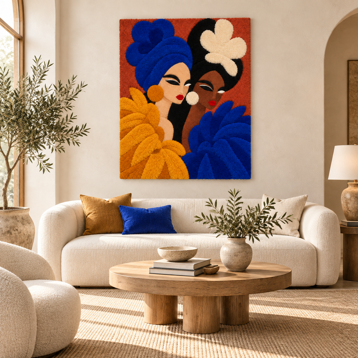 Hewn Earth Cobalt Sisters Golden Plumes wall art featuring vibrant cobalt and gold feathers displayed on a modern room wall.