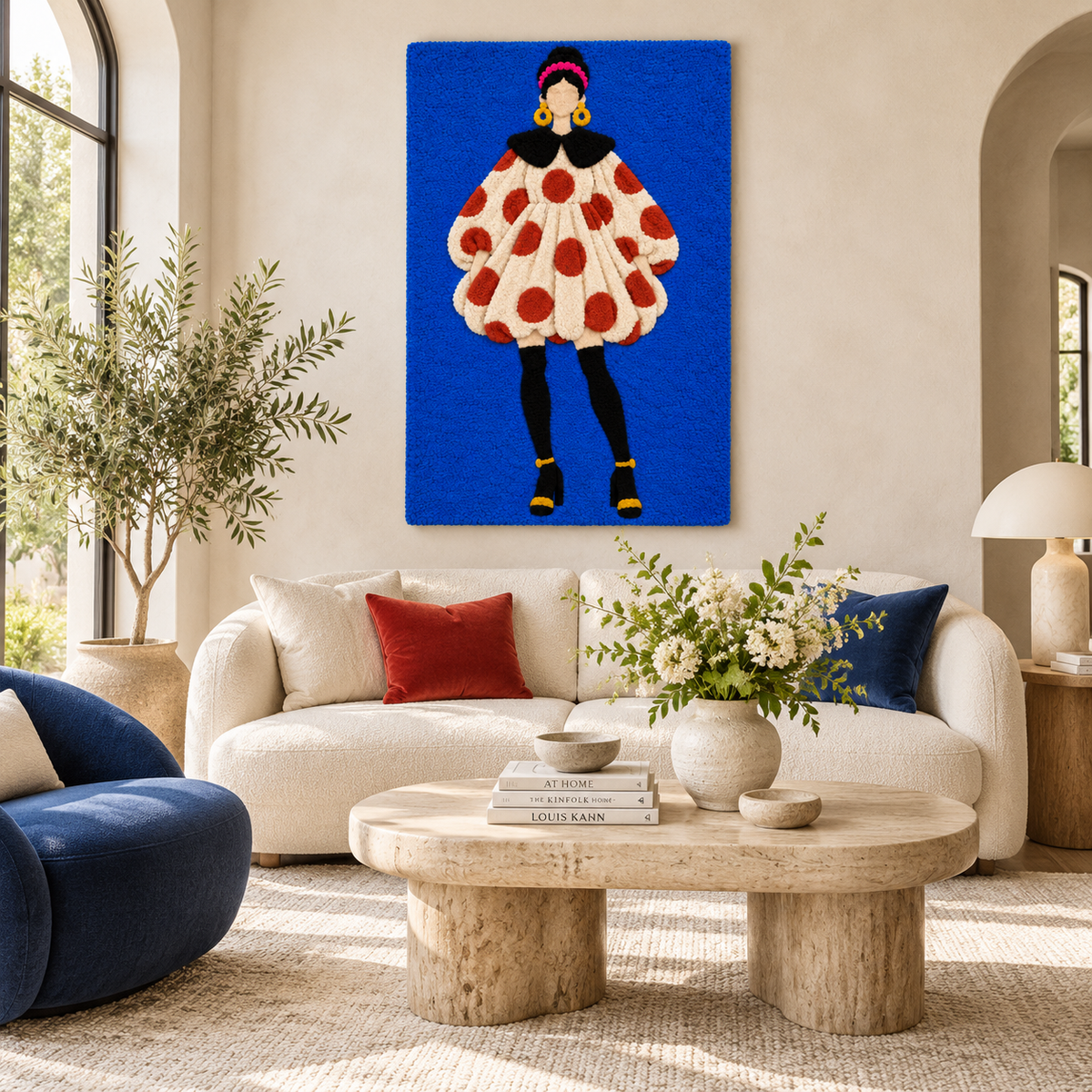 Cobalt Stage Scarlet Dots — front-facing room scene [room-front]