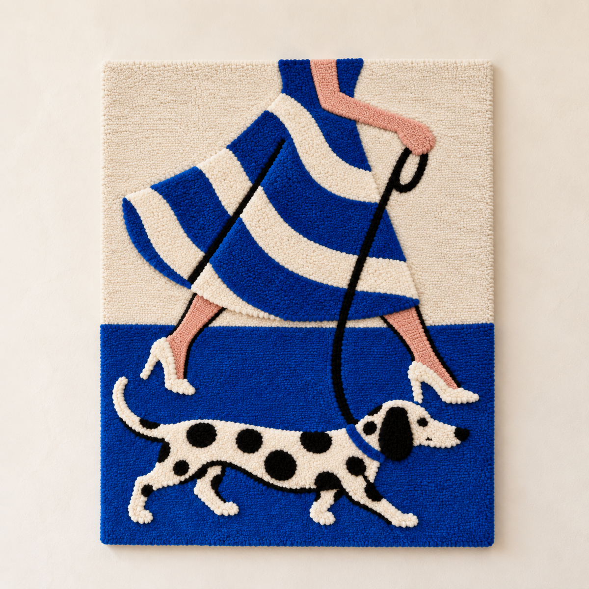 Hewn Earth wall art featuring bold cobalt stripes and a Dalmatian dog illustration on a white background.