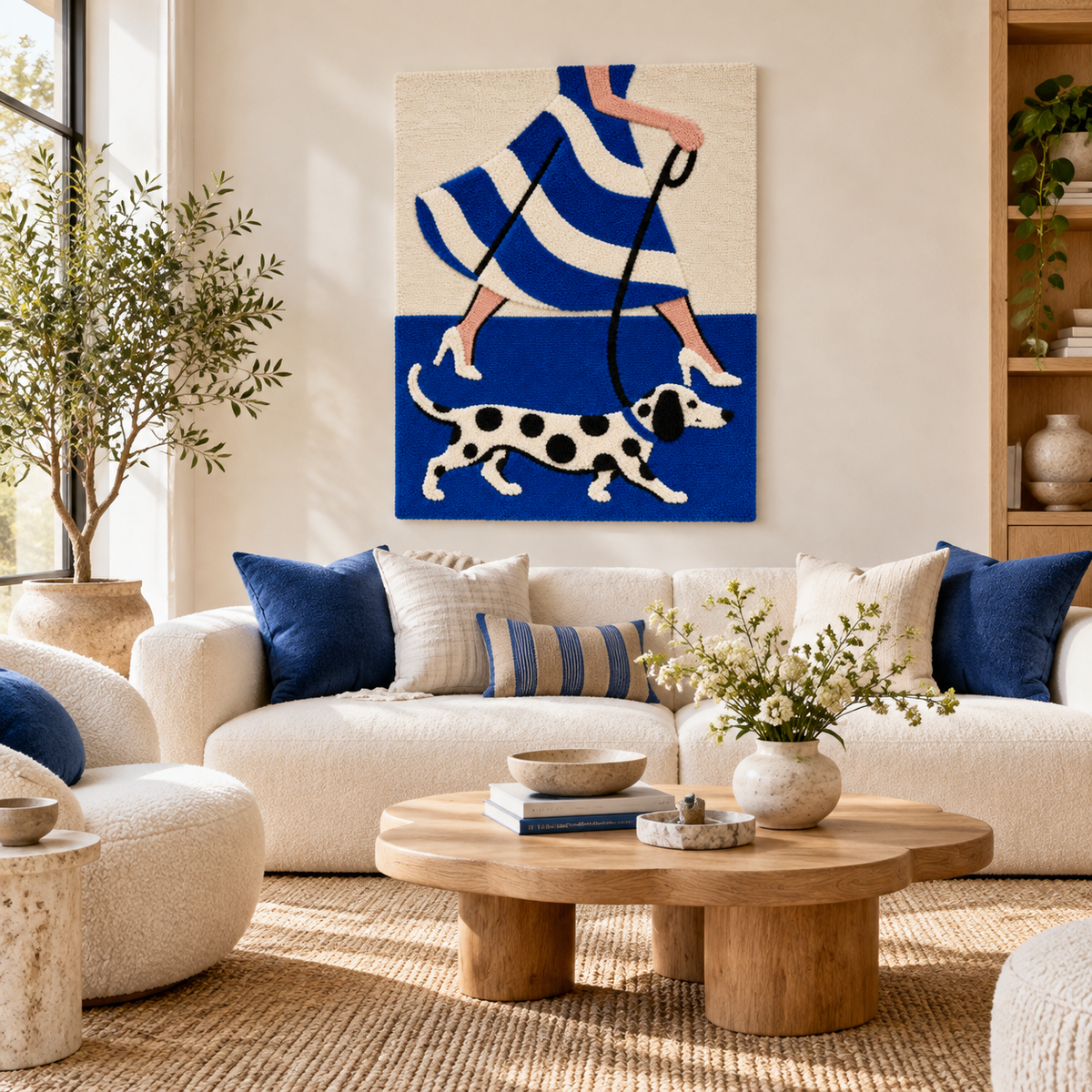 Hewn Earth wall art featuring bold cobalt stripes and a black-and-white Dalmatian dog on a room wall.
