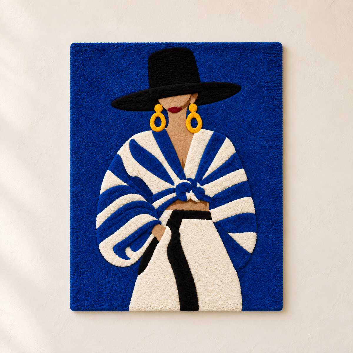 Cobalt Stripes Golden Hoops wall art by Hewn Earth featuring vibrant cobalt stripes and golden hoop accents on a light background.