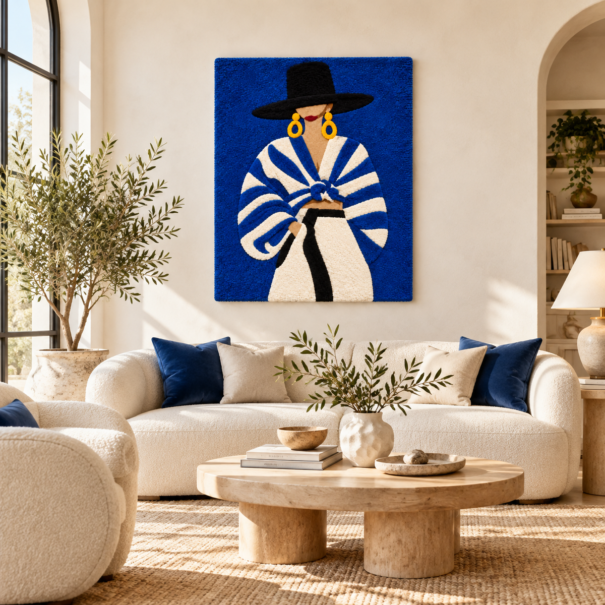 Cobalt Stripes Golden Hoops wall art by Hewn Earth, featuring bold cobalt stripes and golden hoops on a modern room wall.