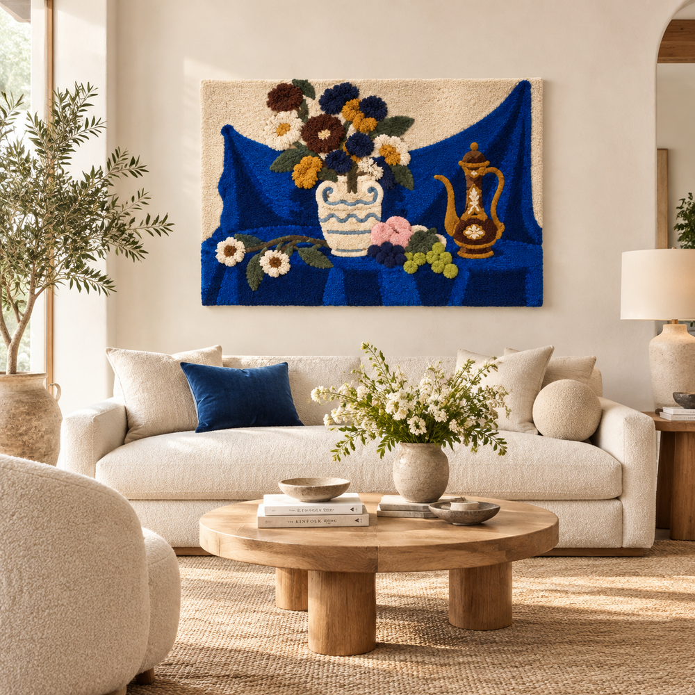 Cobalt Table with Flowers and Brass — front-facing room scene [room-front]