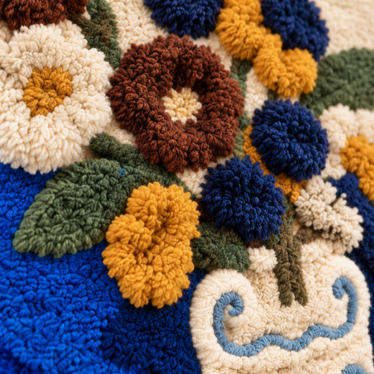 Cobalt Table with Flowers and Brass — tufted wool texture detail