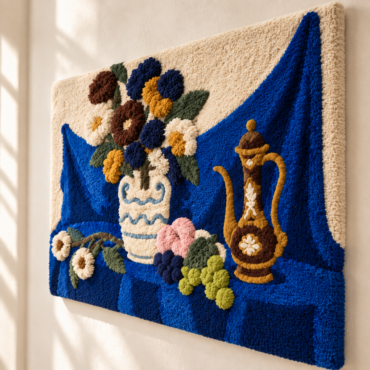 Cobalt Table with Flowers and Brass — angled relief view
