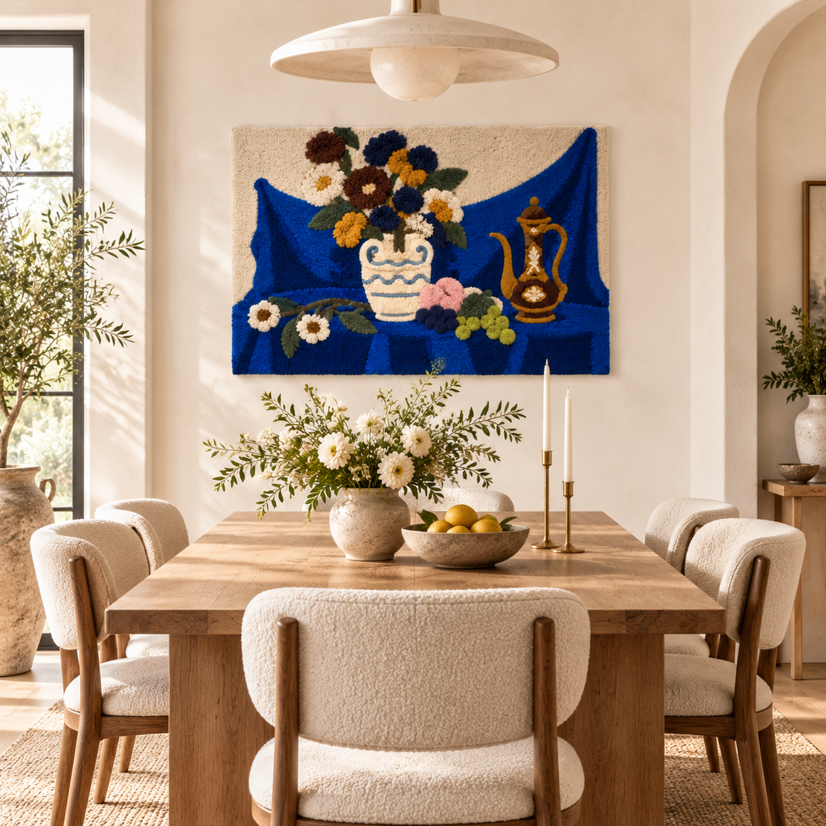 Cobalt Table with Flowers and Brass — room setting 1