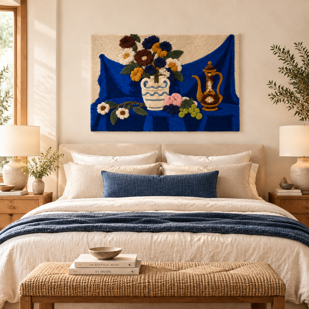 Cobalt Table with Flowers and Brass — room setting 2