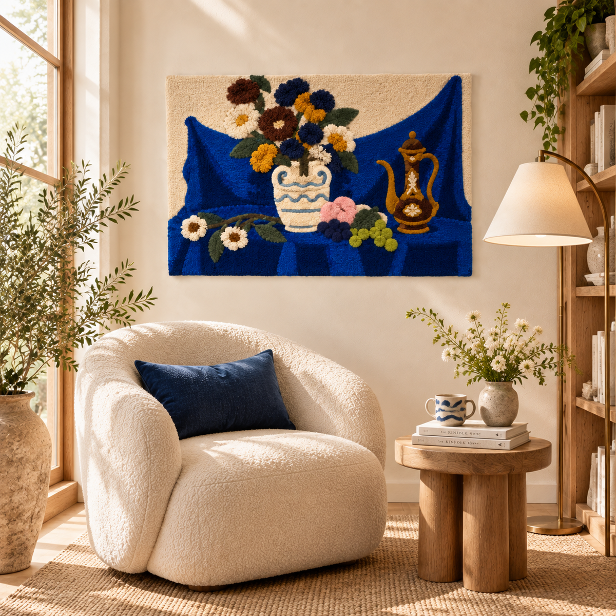 Cobalt Table with Flowers and Brass — room setting 3