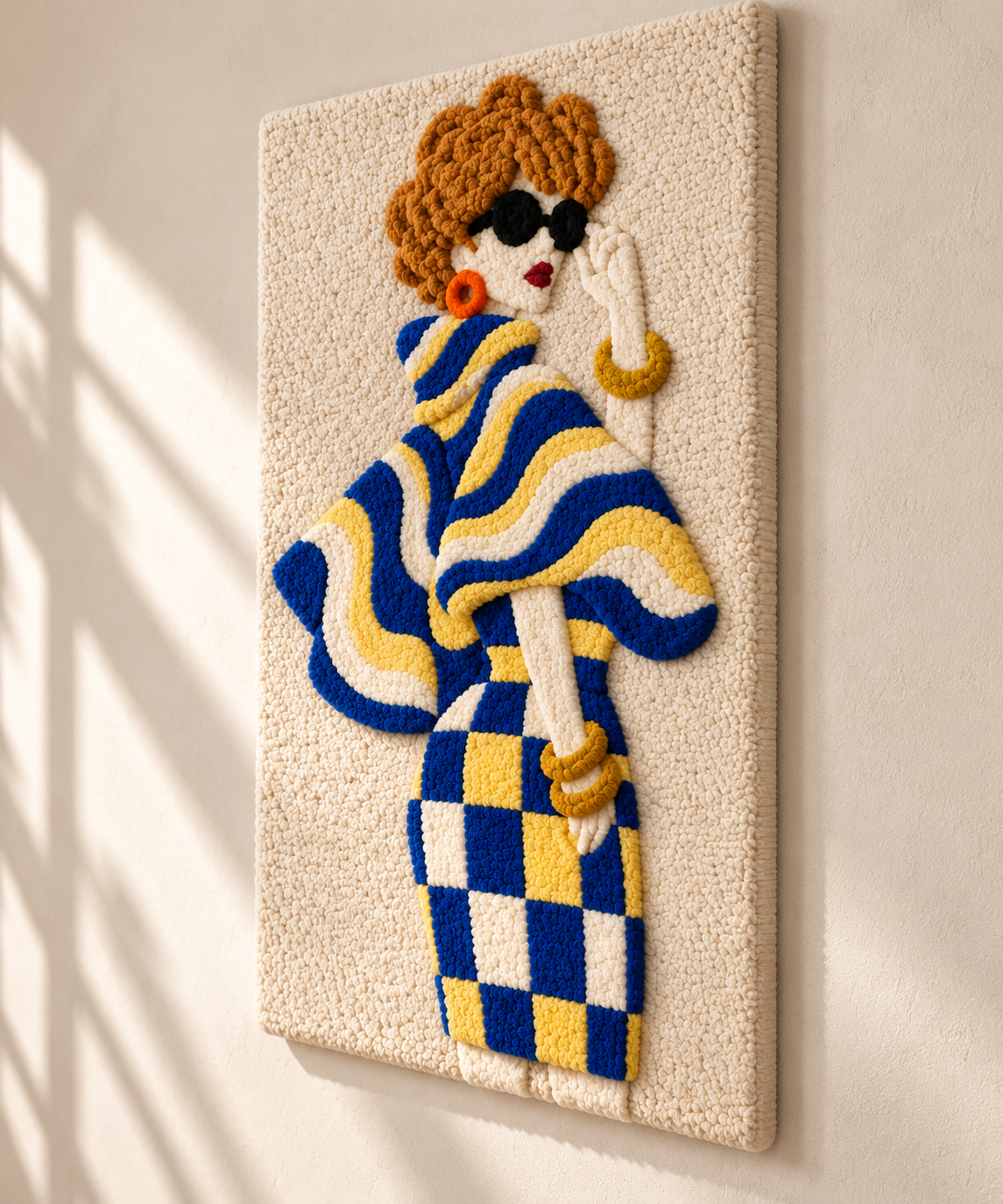 Cobalt Waves and Golden Checks — angled relief view