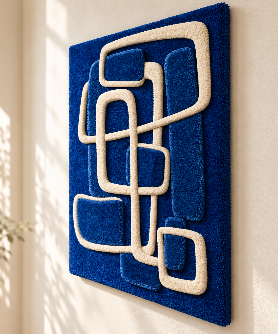 Cobalt Window Loop Stack wall art by Hewn Earth featuring layered cobalt-colored geometric shapes on a white background.