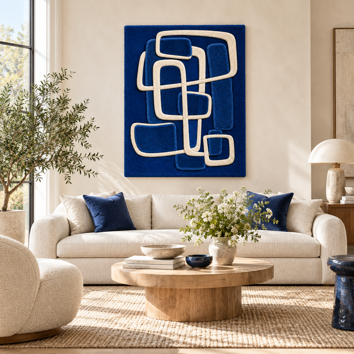 Hewn Earth Cobalt Window Loop Stack wall art featuring a layered, geometric design with cobalt blue tones for modern home decor.