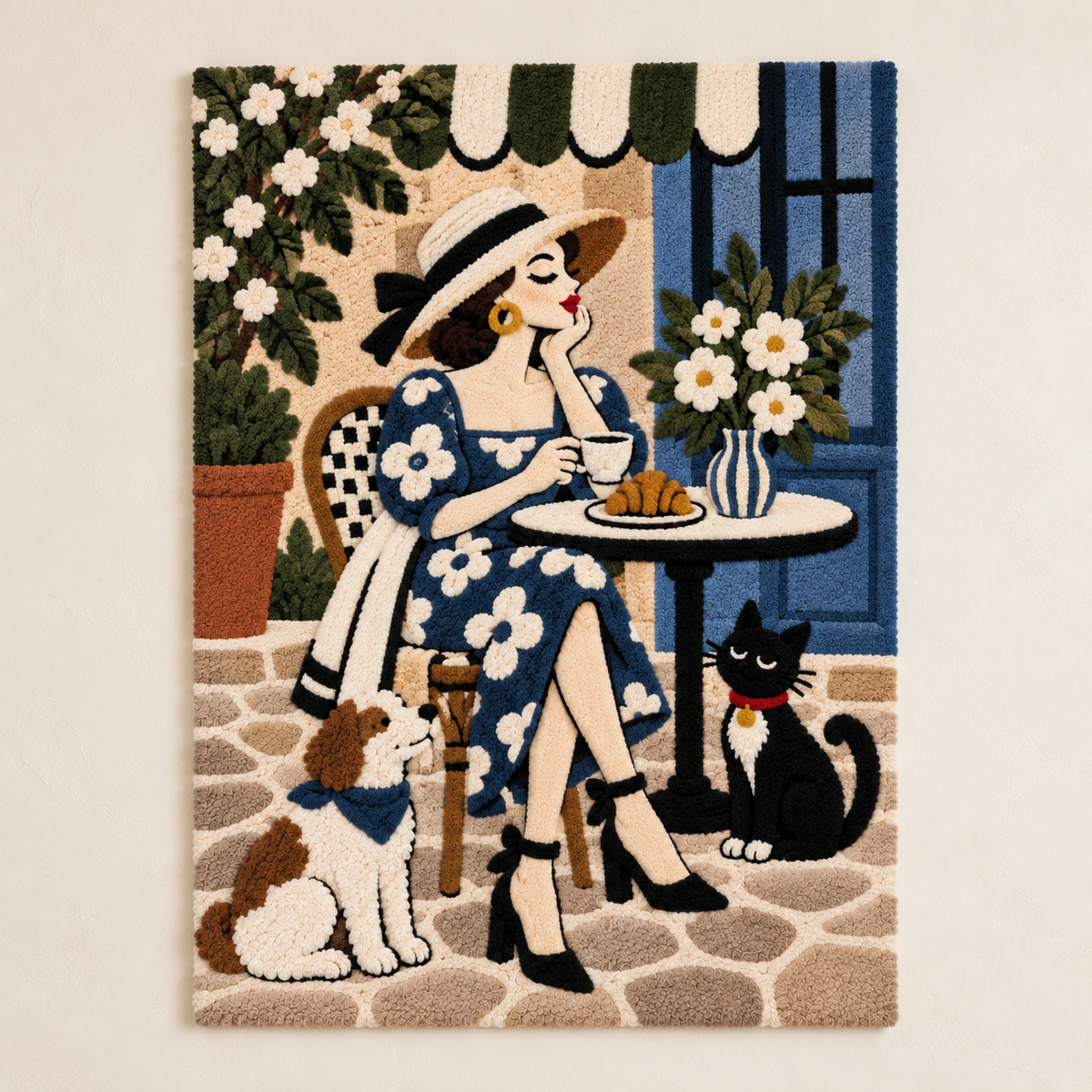 Hewn Earth wall art titled "Coffee Beneath the Blue Awning" showcasing a cozy outdoor cafe scene with a blue awning over tables.