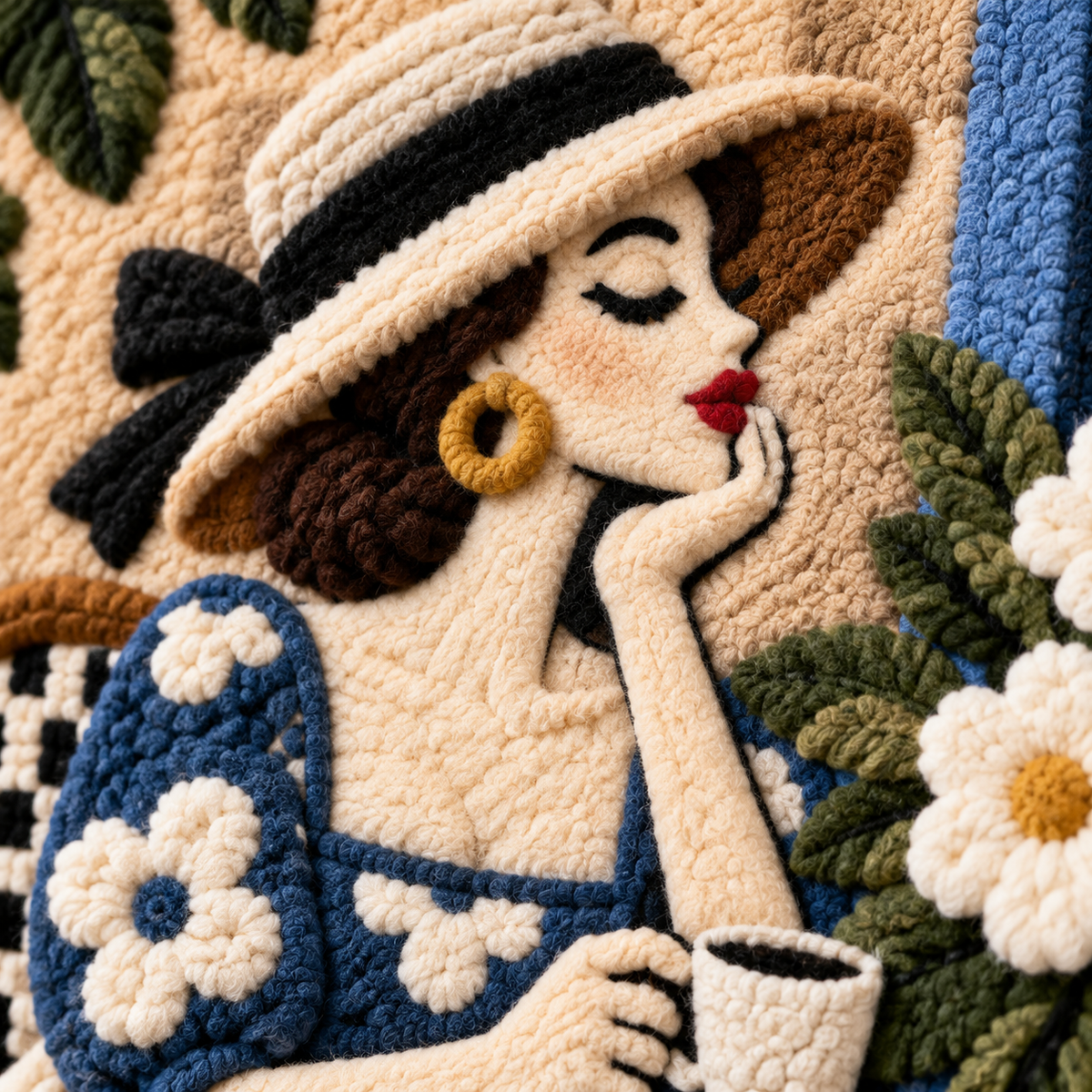 Coffee Beneath the Blue Awning — tufted wool texture detail