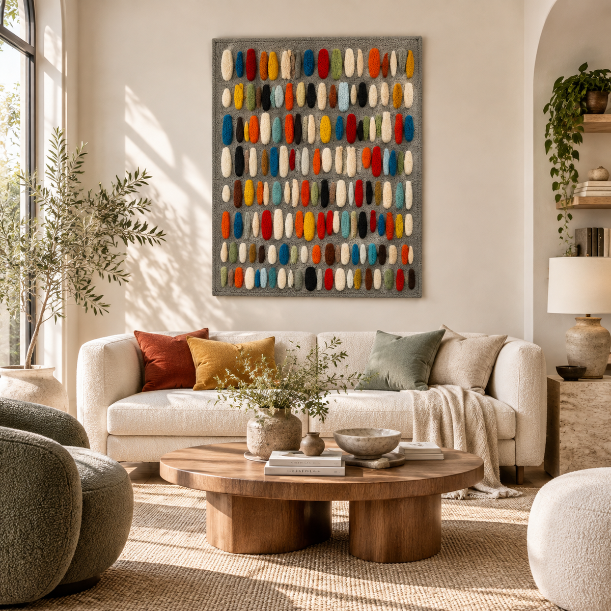 Color capsule mosaic wall art on slate by Hewn Earth, showcasing vibrant, abstract designs in a modern room setting.