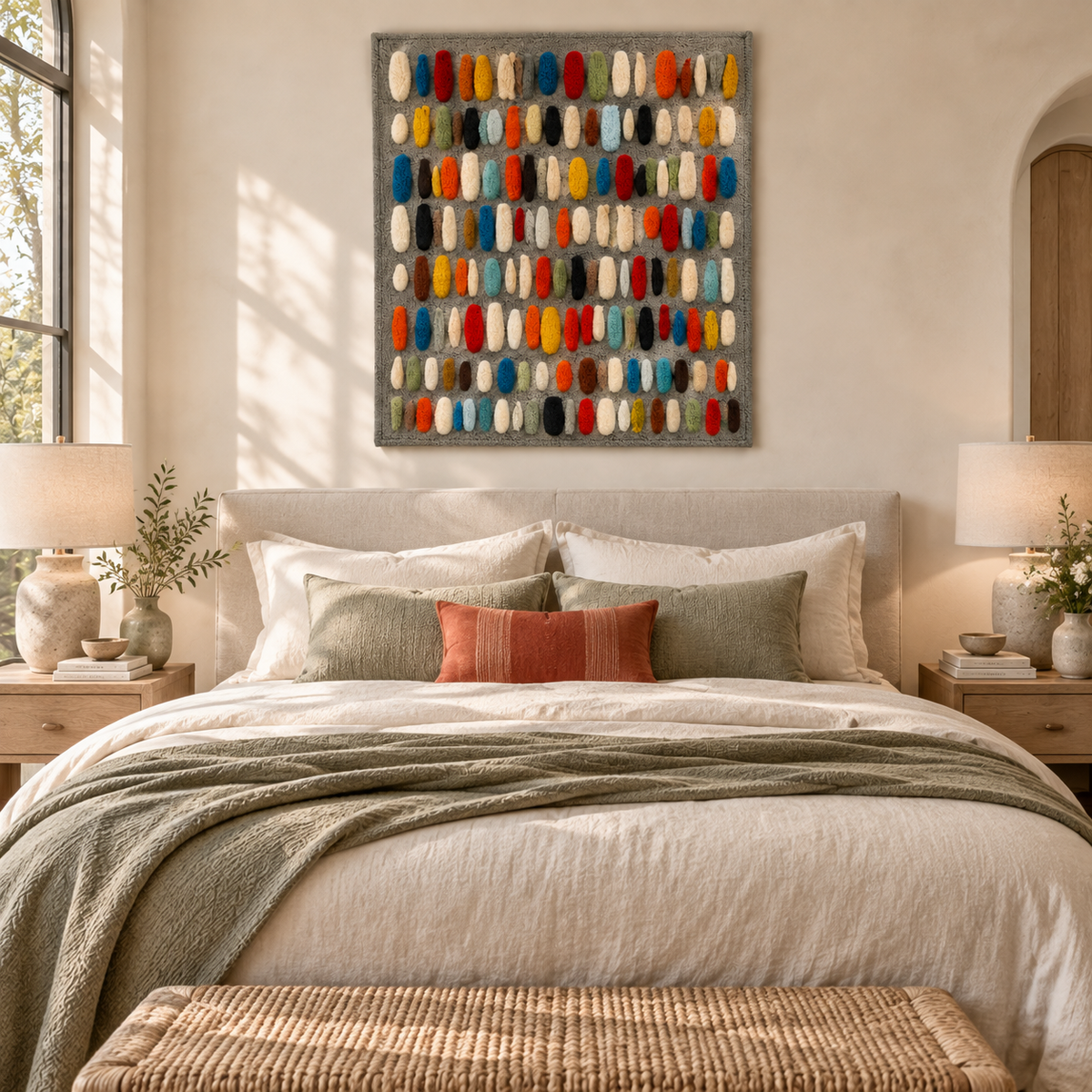 Hewn Earth Color Capsule Mosaic wall art on slate, featuring vibrant, geometric tile patterns for modern interior decor.