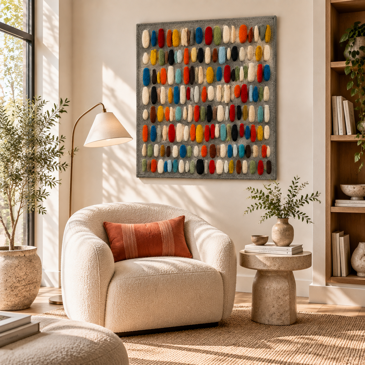 Color Capsule Mosaic wall art on slate by Hewn Earth, featuring vibrant, abstract color patterns displayed on a modern room wall.