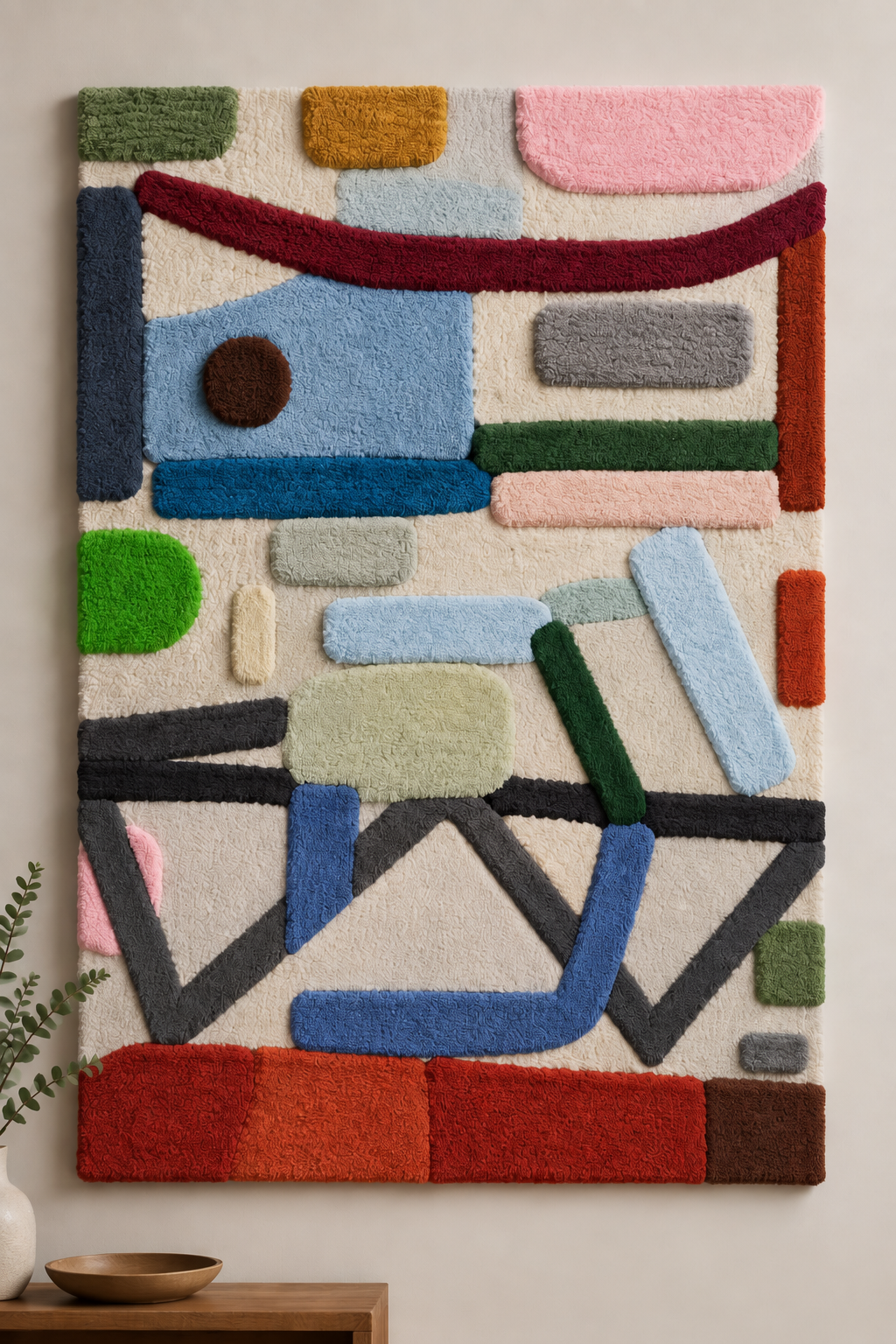 Hewn Earth Colour in Suspension wall art with vibrant, abstract shapes on a light background, ideal for modern home decor.