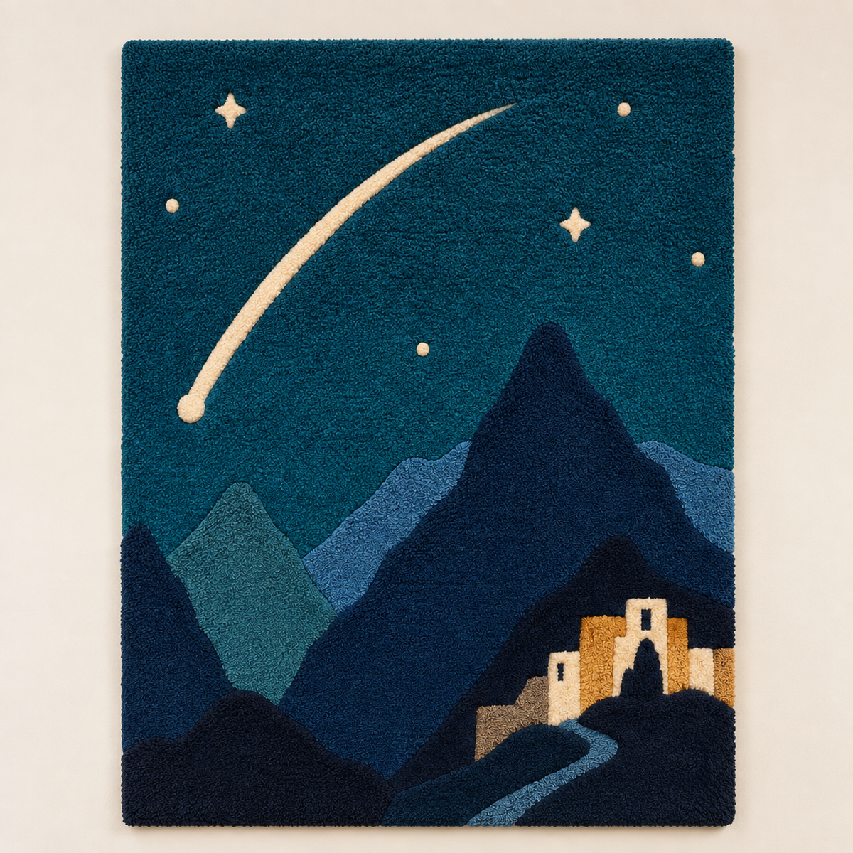 Hewn Earth wall art titled "Comet Above Blue Peaks" featuring a celestial comet soaring over mountain peaks in a scenic landscape.