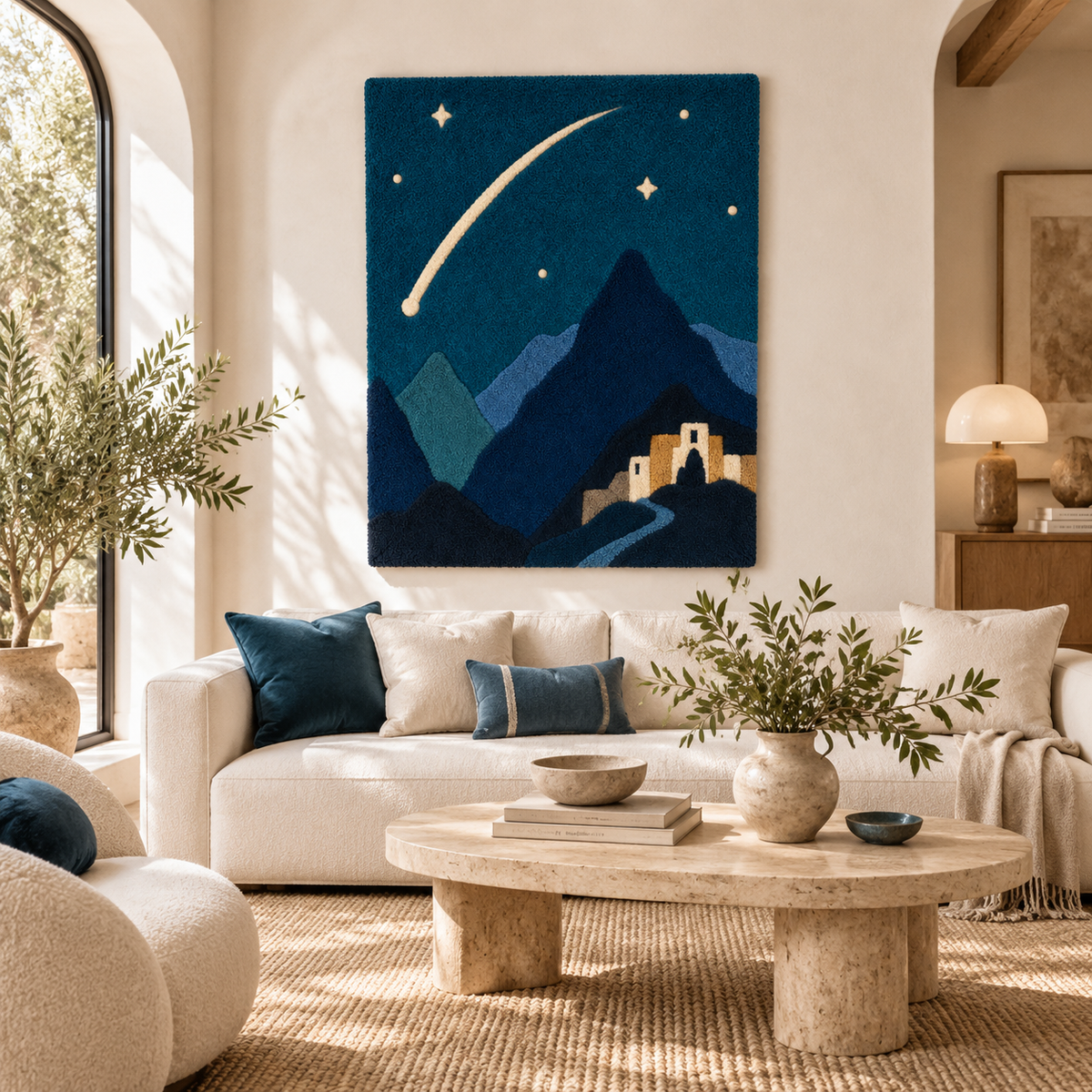 Hewn Earth wall art titled "Comet Above Blue Peaks" depicting a comet soaring over mountain peaks in a serene landscape.